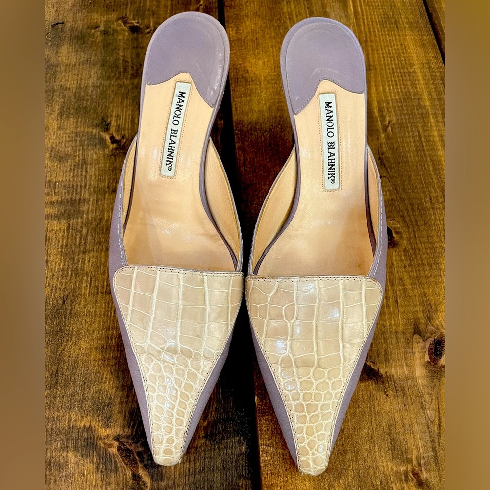 Authentic Vintage Manolo Blahnik lavender/purple with beige crocodile mules